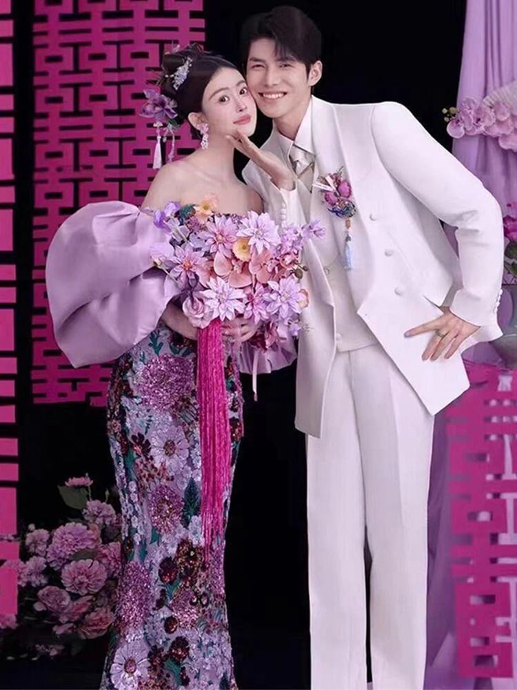 Strapless Floral Sequin Mermaid Evening Gown