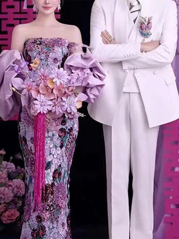 Strapless Floral Sequin Mermaid Evening Gown