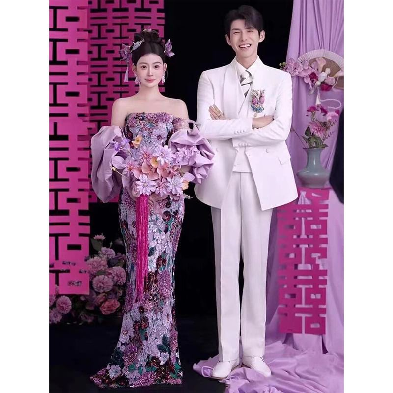 Strapless Floral Sequin Mermaid Evening Gown