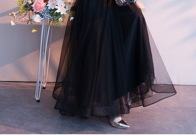 V-Neck Asymmetrical 3/4-Sleeve Cocktail Gown A-Line Dress Evening / Lace