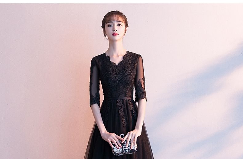 V-Neck Asymmetrical 3/4-Sleeve Cocktail Gown A-Line Dress Evening / Lace