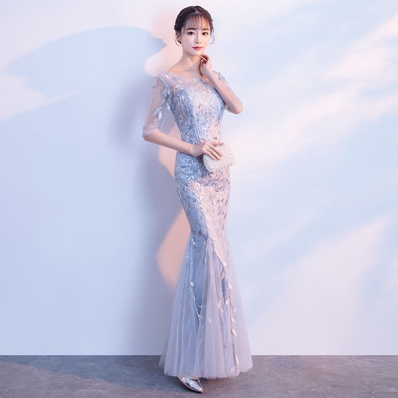 Elbow-Sleeve Boat Neck Sequin Mermaid Evening Gown