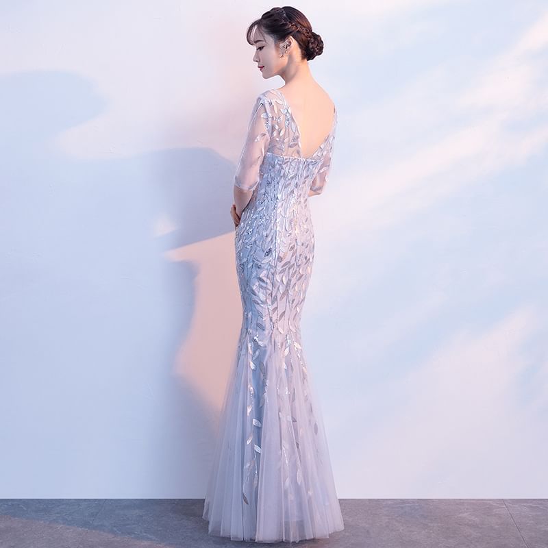 Elbow-Sleeve Boat Neck Sequin Mermaid Evening Gown