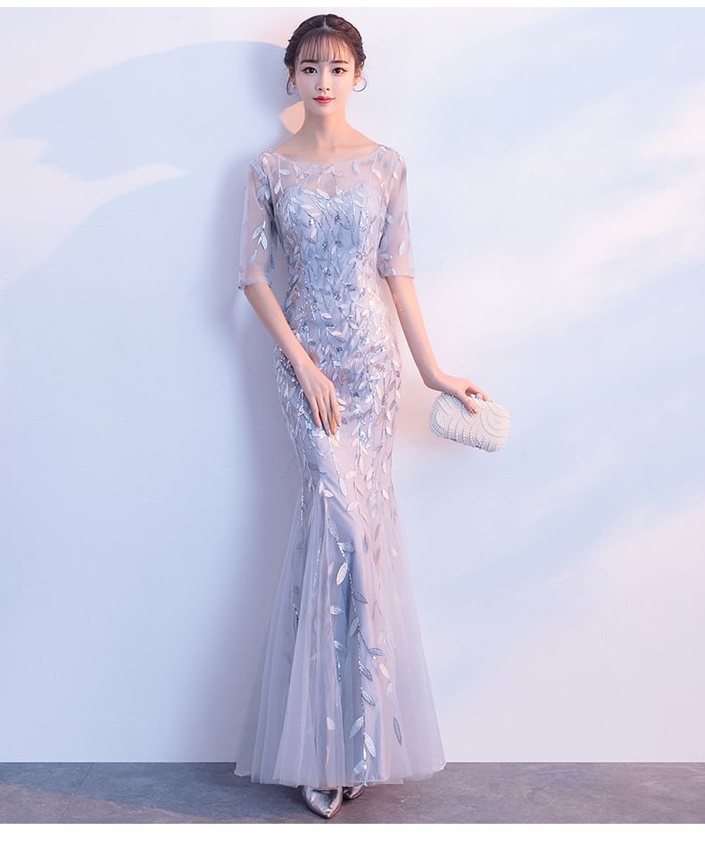 Elbow-Sleeve Boat Neck Sequin Mermaid Evening Gown