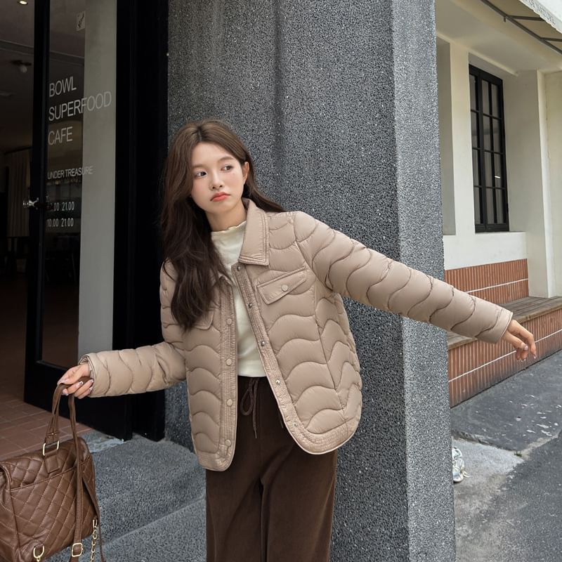 Collar Plain Wavy Button Puffer Jacket