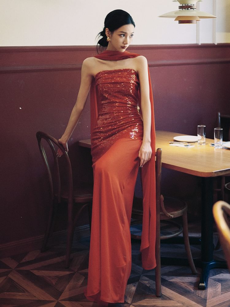 Strapless Sequin Panel Sheath Evening Gown