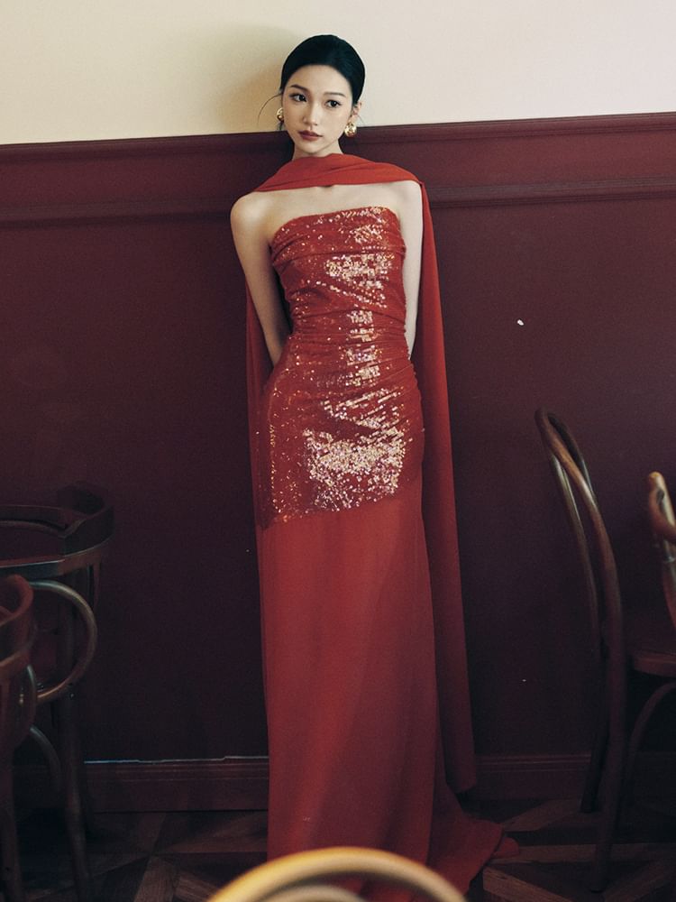 Strapless Sequin Panel Sheath Evening Gown