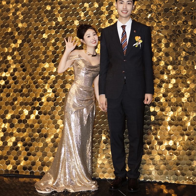 Spaghetti Strap Cowl Neck Sequin Sheath Evening Gown