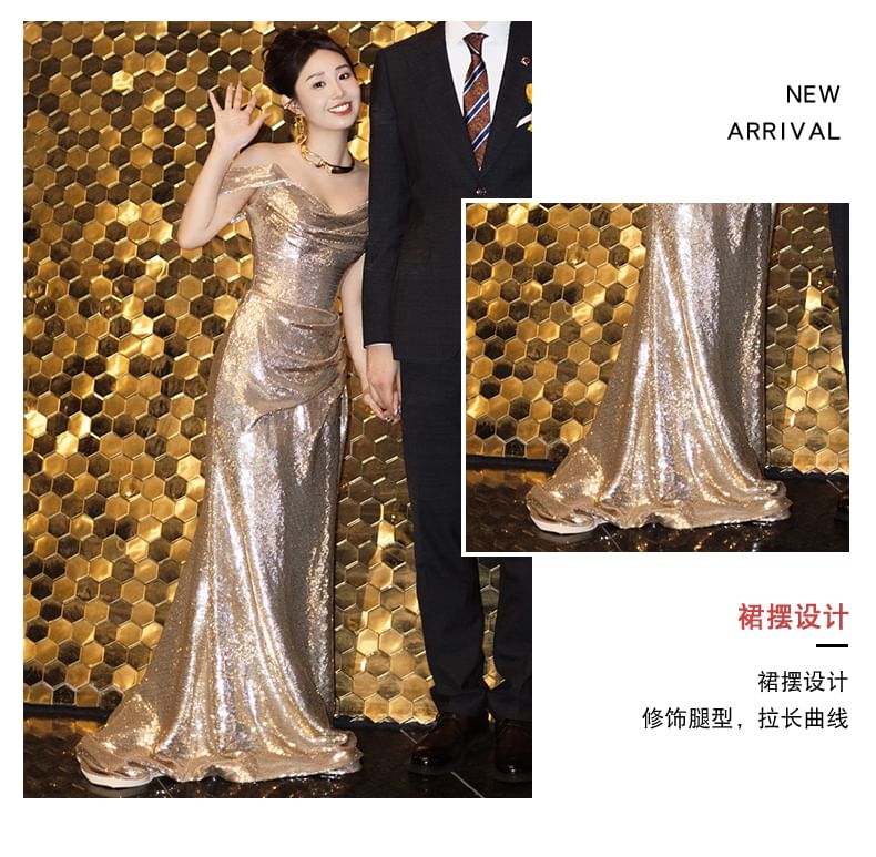Spaghetti Strap Cowl Neck Sequin Sheath Evening Gown
