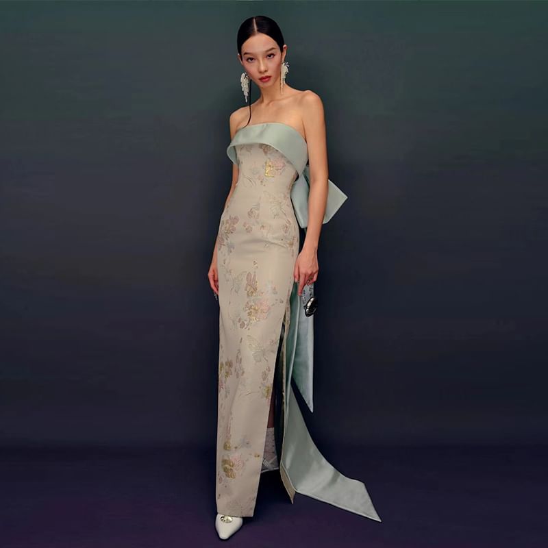 Floral Sheath Print Gown Slit Bow Evening Strapless Back