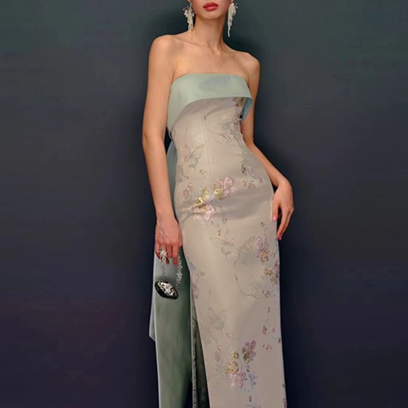 Floral Sheath Print Gown Slit Bow Evening Strapless Back