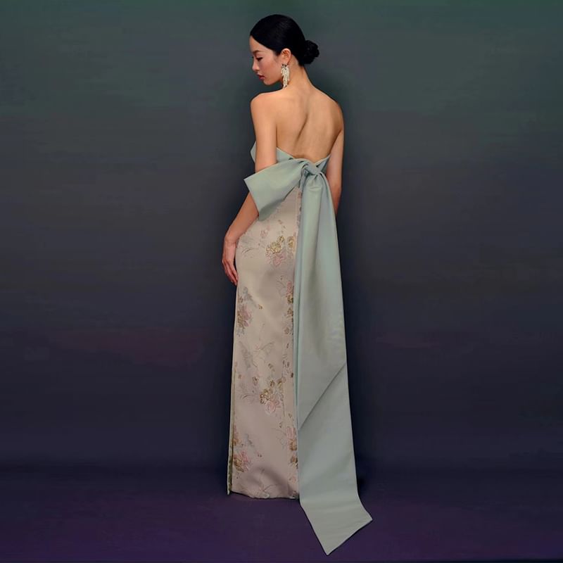 Floral Sheath Print Gown Slit Bow Evening Strapless Back