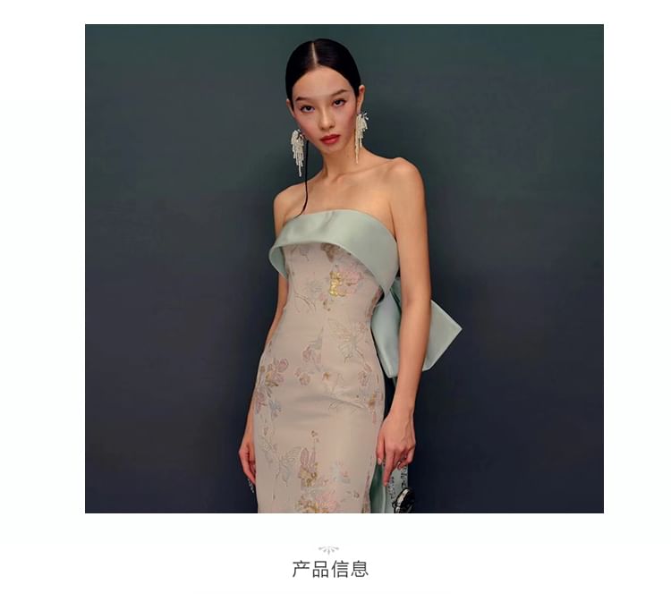 Floral Sheath Print Gown Slit Bow Evening Strapless Back