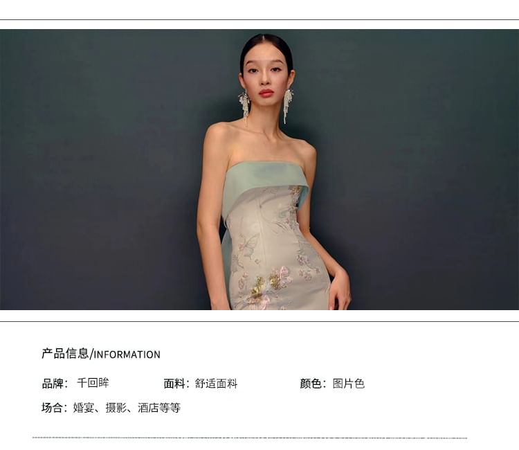 Floral Sheath Print Gown Slit Bow Evening Strapless Back