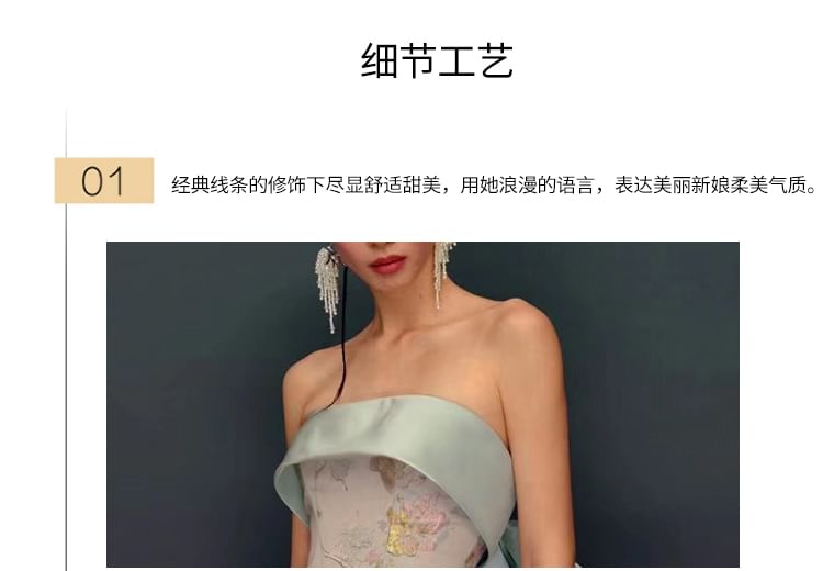 Floral Sheath Print Gown Slit Bow Evening Strapless Back