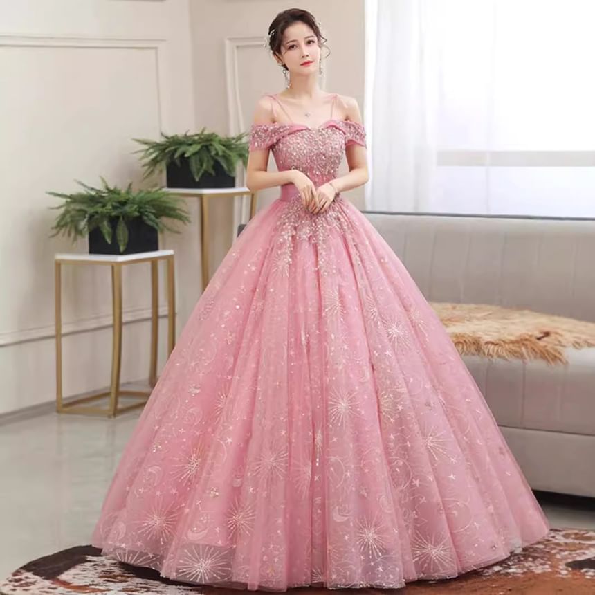 Cold Shoulder Floral Sequin Ball Gown