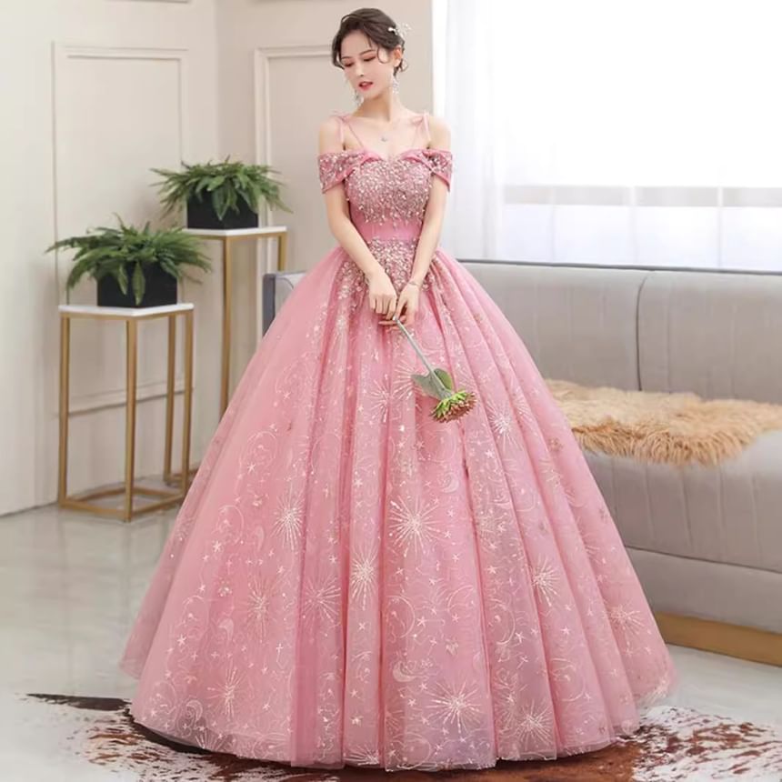 Cold Shoulder Floral Sequin Ball Gown