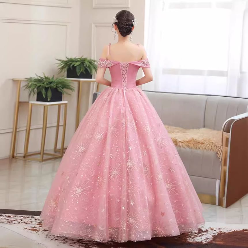 Cold Shoulder Floral Sequin Ball Gown