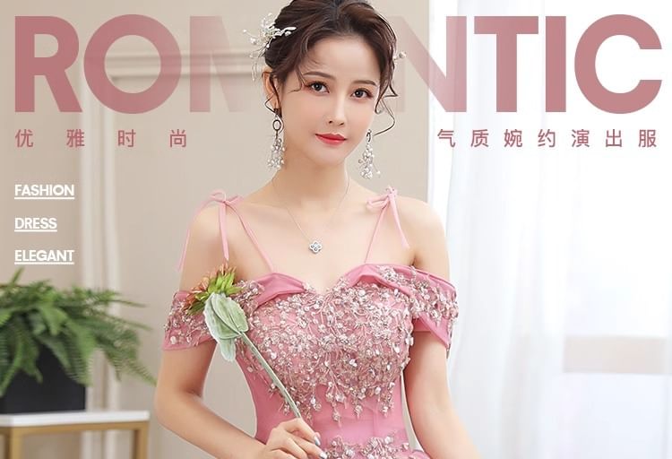 Cold Shoulder Floral Sequin Ball Gown