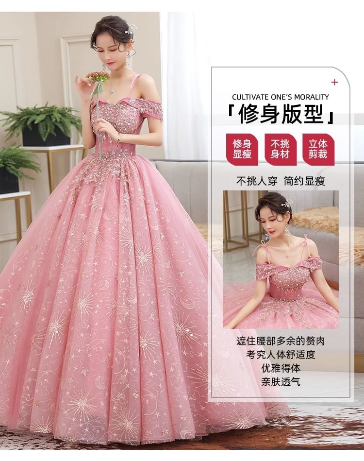 Cold Shoulder Floral Sequin Ball Gown