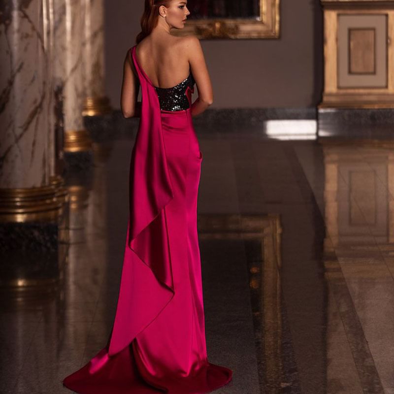 Sleeveless Sequin Panel Trained Sheath Evening Gown