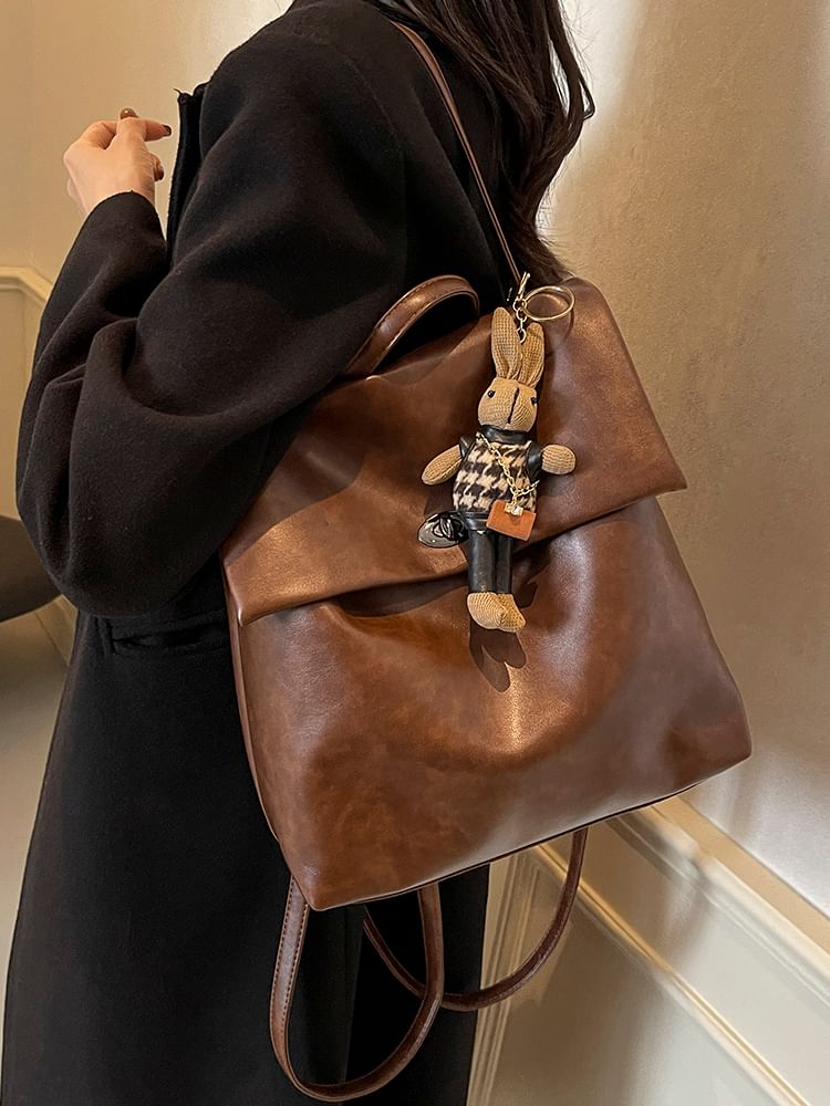 Faux Charm Leather Backpack With Flap