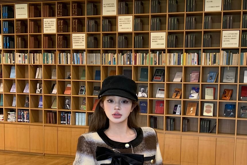 Plaid Skirt High Mini Crew Crop Rise Button-Up Contrast Trim / Bow Jacket Accent Neck Pencil