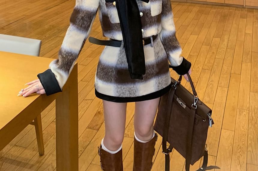 Plaid Skirt High Mini Crew Crop Rise Button-Up Contrast Trim / Bow Jacket Accent Neck Pencil