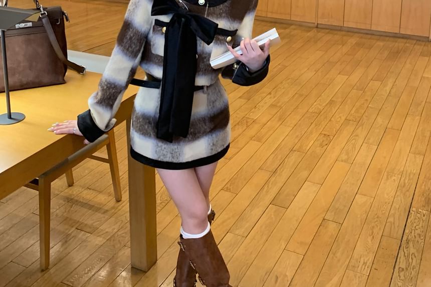 Plaid Skirt High Mini Crew Crop Rise Button-Up Contrast Trim / Bow Jacket Accent Neck Pencil