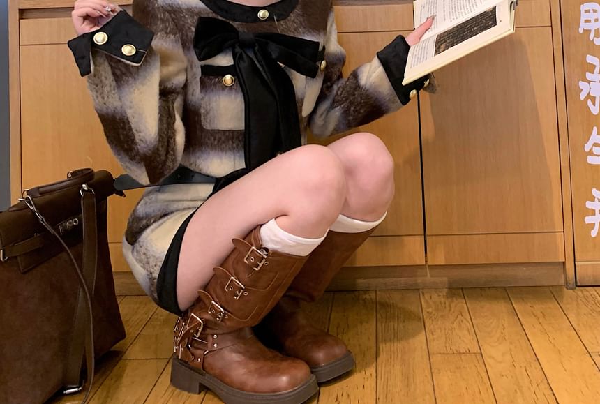 Plaid Skirt High Mini Crew Crop Rise Button-Up Contrast Trim / Bow Jacket Accent Neck Pencil