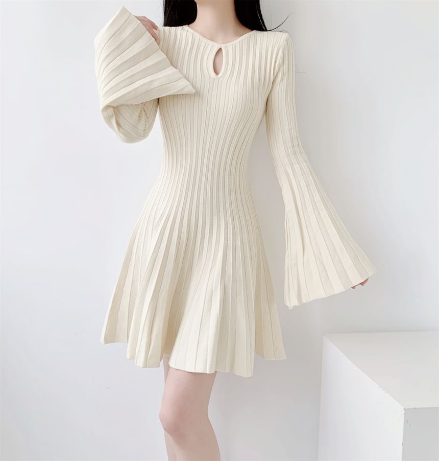 Flared-Sleeve Plain Cutout Ribbed Knit Mini A-Line Dress