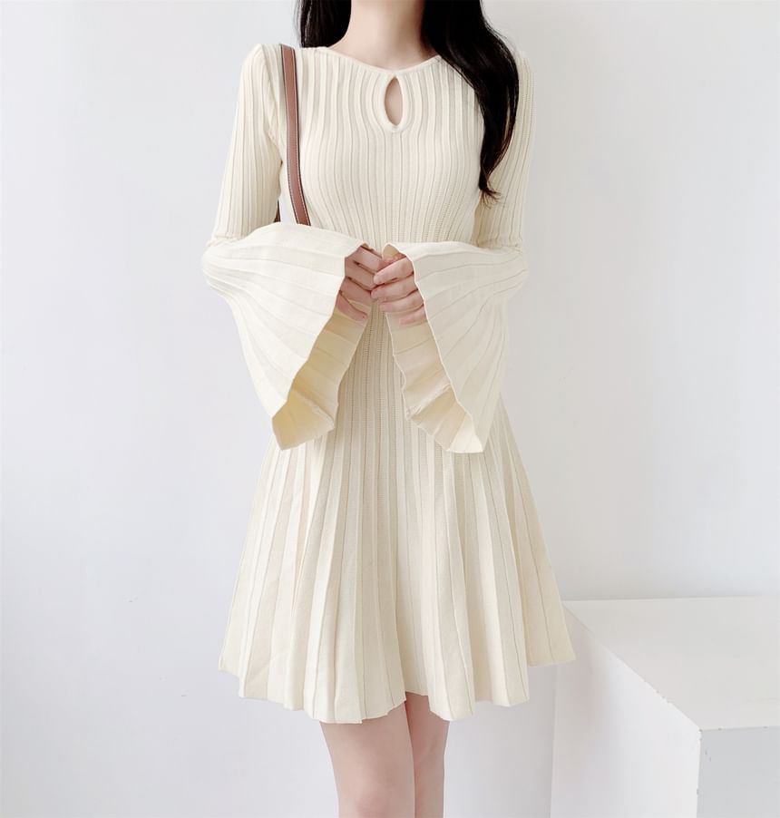 Flared-Sleeve Plain Cutout Ribbed Knit Mini A-Line Dress