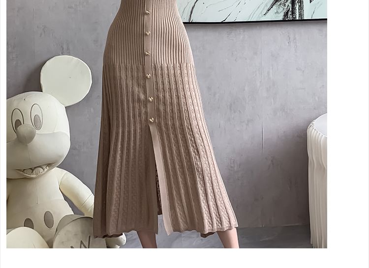 Long-Sleeve Collar Plain Ribbed Midi Sweater Dress