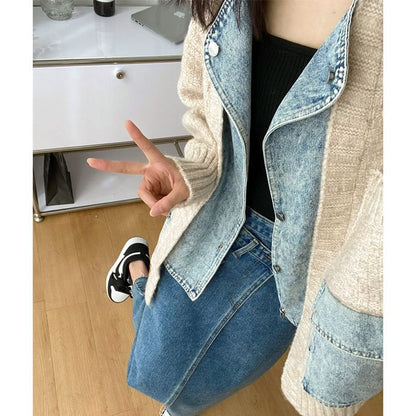 Mock Two-Piece Denim Panel Knit Cardigan