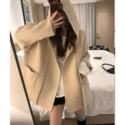 Solid Hooded Loose Knitted Cardigan