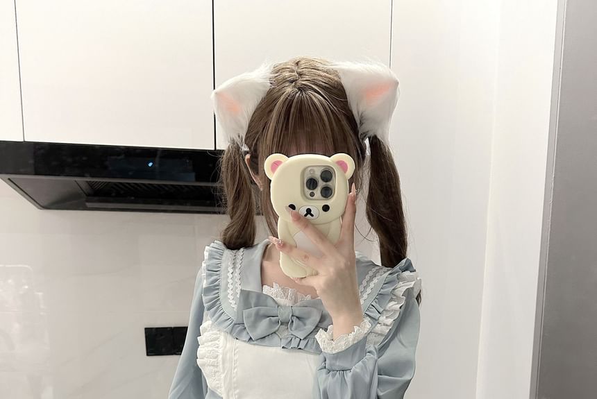 Set: Long-Sleeve Sailor Collar Two Tone Bow Accent Lace Trim Mini A-Line Dress + Apron