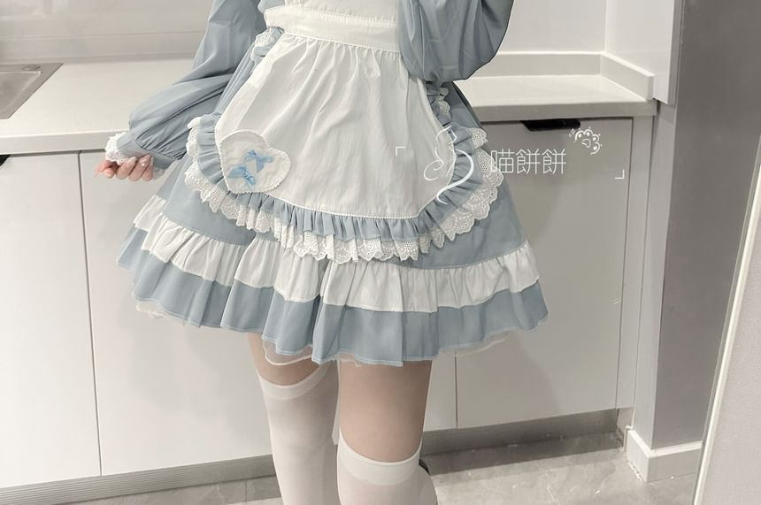 Set: Long-Sleeve Sailor Collar Two Tone Bow Accent Lace Trim Mini A-Line Dress + Apron