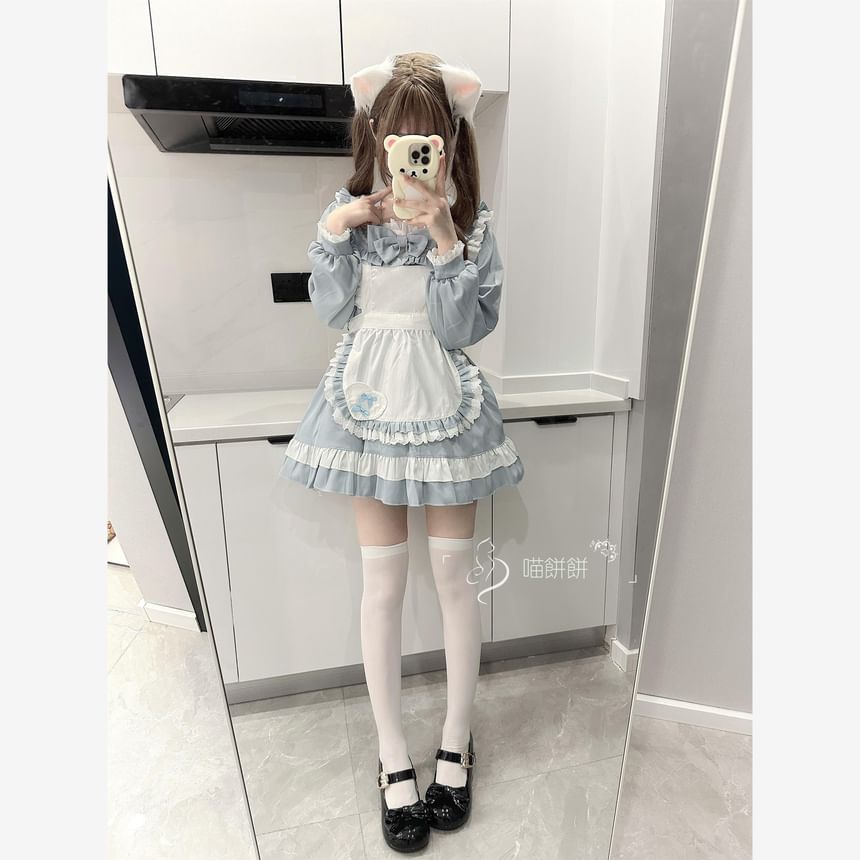 Set: Long-Sleeve Sailor Collar Two Tone Bow Accent Lace Trim Mini A-Line Dress + Apron