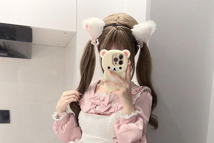 Set: Long-Sleeve Sailor Collar Two Tone Bow Accent Lace Trim Mini A-Line Dress + Apron