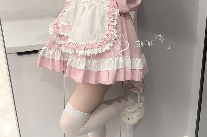 Set: Long-Sleeve Sailor Collar Two Tone Bow Accent Lace Trim Mini A-Line Dress + Apron