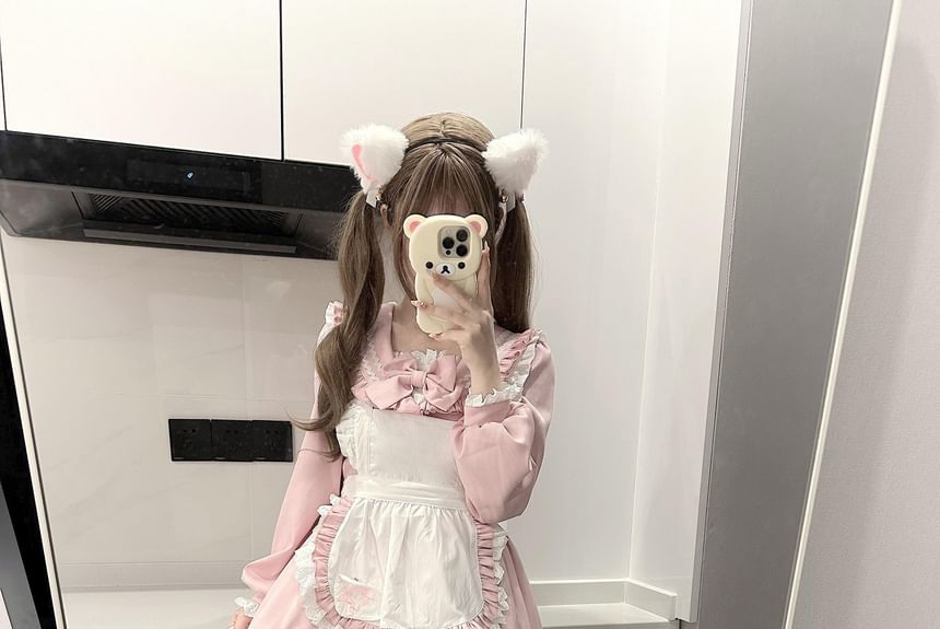 Set: Long-Sleeve Sailor Collar Two Tone Bow Accent Lace Trim Mini A-Line Dress + Apron