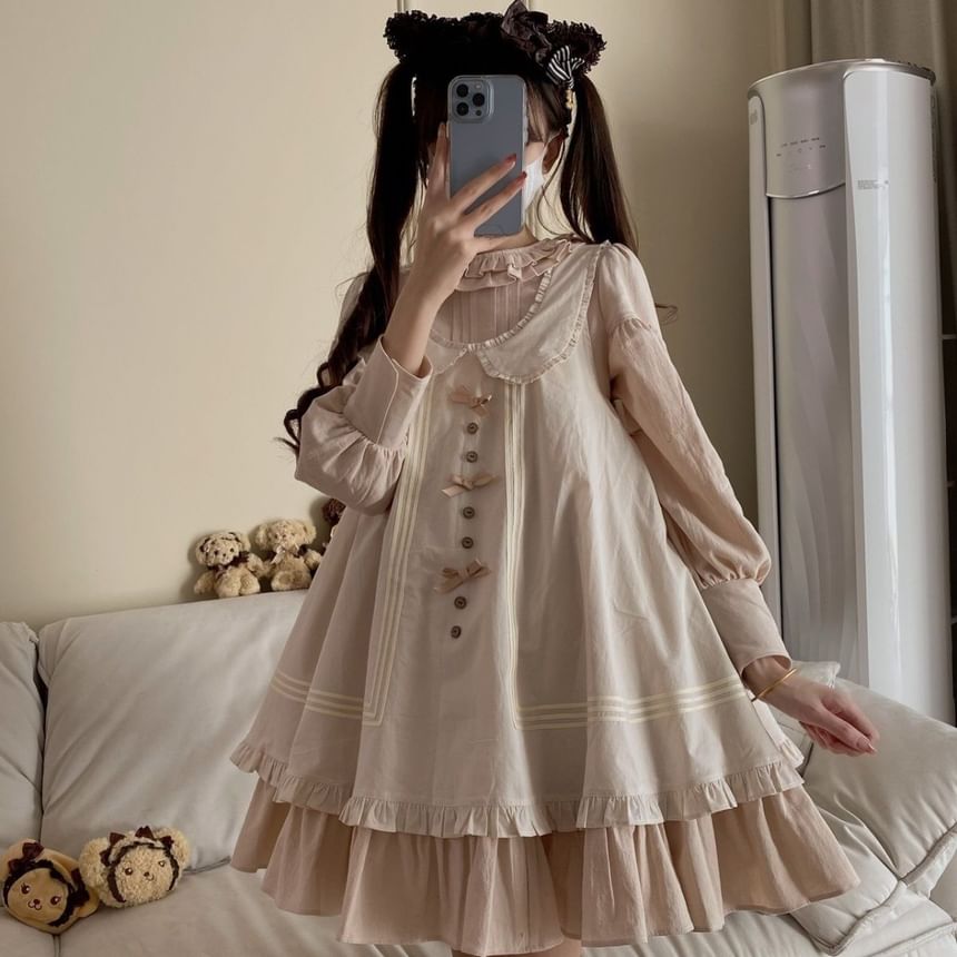 Long-Sleeve Crew Neck Plain Frill Trim Pintuck Ruffle Hem Tunic Dress / Peter Pan Collar Bow Accent Lace Trim Tie Back Dungaree Dress / Set