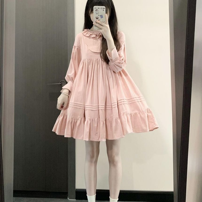 Long-Sleeve Crew Neck Plain Frill Trim Pintuck Ruffle Hem Tunic Dress / Peter Pan Collar Bow Accent Lace Trim Tie Back Dungaree Dress / Set