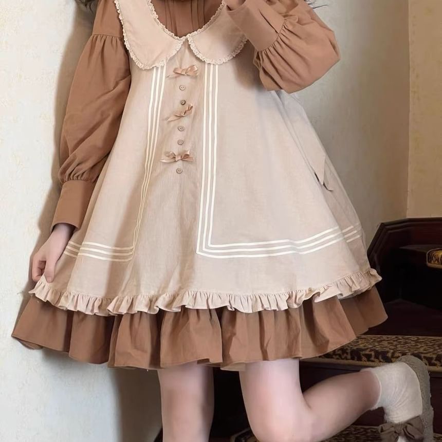 Long-Sleeve Crew Neck Plain Frill Trim Pintuck Ruffle Hem Tunic Dress / Peter Pan Collar Bow Accent Lace Trim Tie Back Dungaree Dress / Set