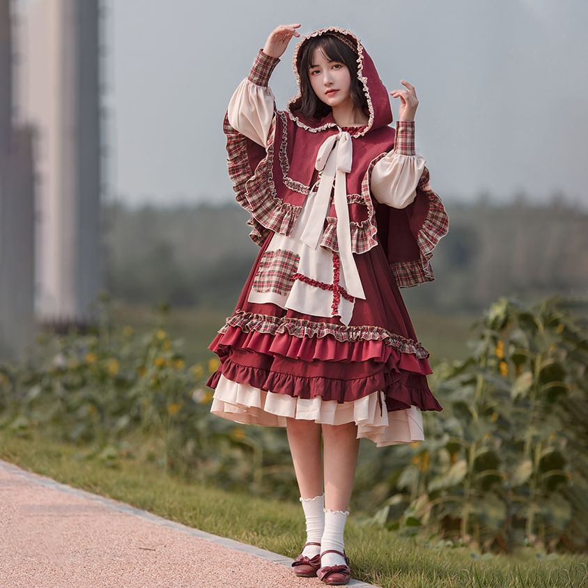 Long-Sleeve Crew Neck Plaid Panel Ruffle Trim Midi A-Line Dress / Hooded Tie Front Cape / Headkerchief / Set