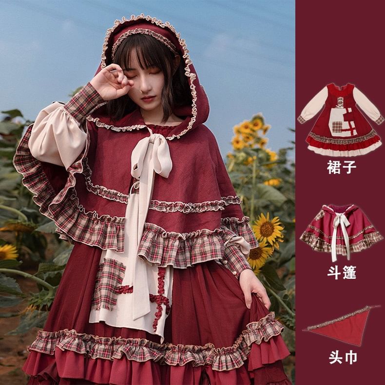 Long-Sleeve Crew Neck Plaid Panel Ruffle Trim Midi A-Line Dress / Hooded Tie Front Cape / Headkerchief / Set