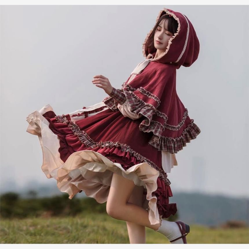Long-Sleeve Crew Neck Plaid Panel Ruffle Trim Midi A-Line Dress / Hooded Tie Front Cape / Headkerchief / Set