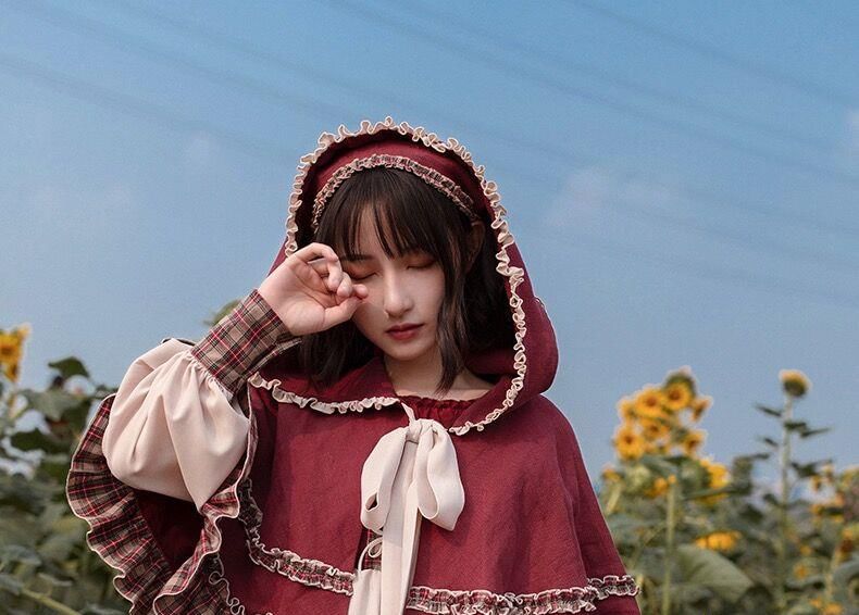 Long-Sleeve Crew Neck Plaid Panel Ruffle Trim Midi A-Line Dress / Hooded Tie Front Cape / Headkerchief / Set