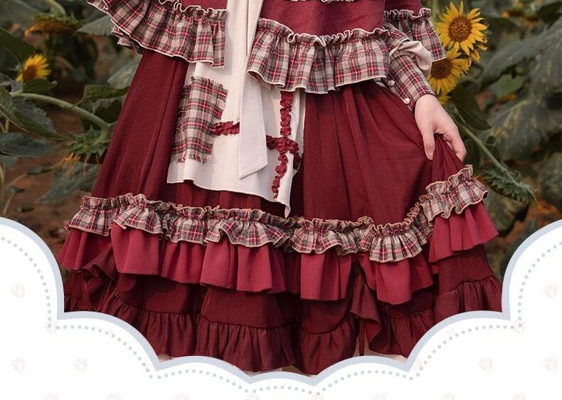 Long-Sleeve Crew Neck Plaid Panel Ruffle Trim Midi A-Line Dress / Hooded Tie Front Cape / Headkerchief / Set