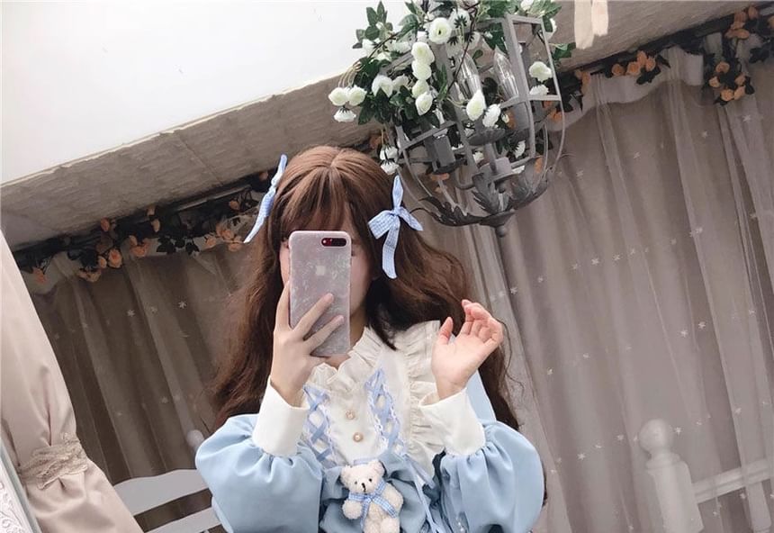 Long-Sleeve Stand Collar Two Tone Frill Trim A-Line Dress / Bow / Lace Trim Headband / Set